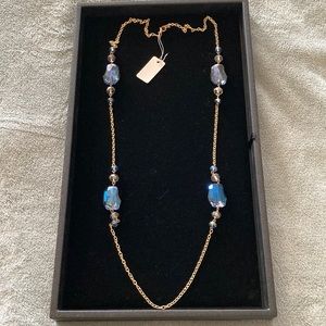 Gold chain with Blue Iridescent Glass Beads Necklace